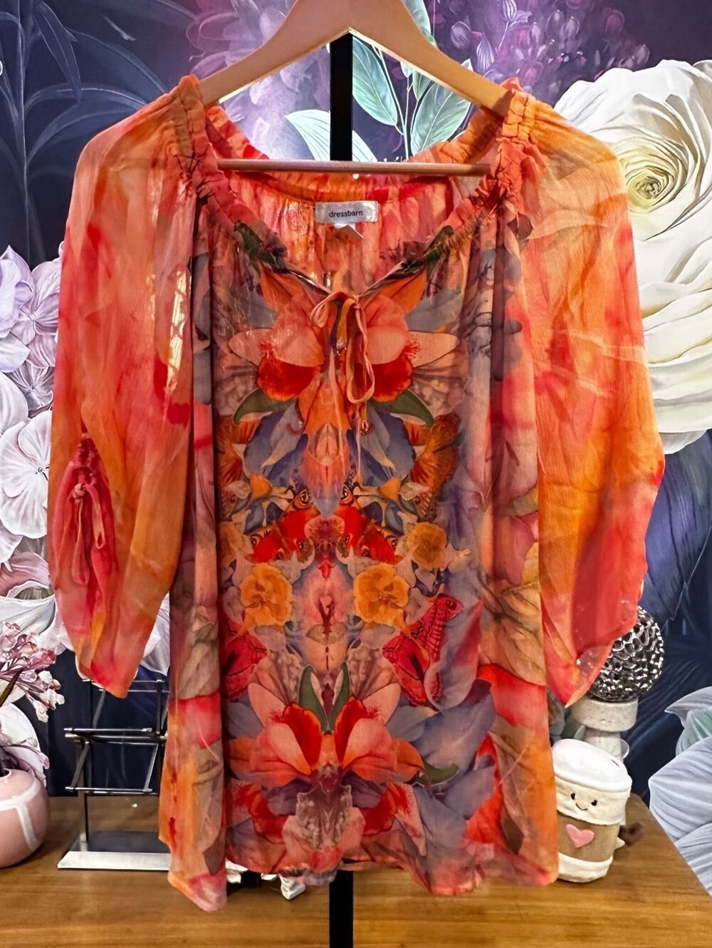 dressbarn Small Sheer Floral Blouse Boho Romantic Cottagecore Ethereal Orange